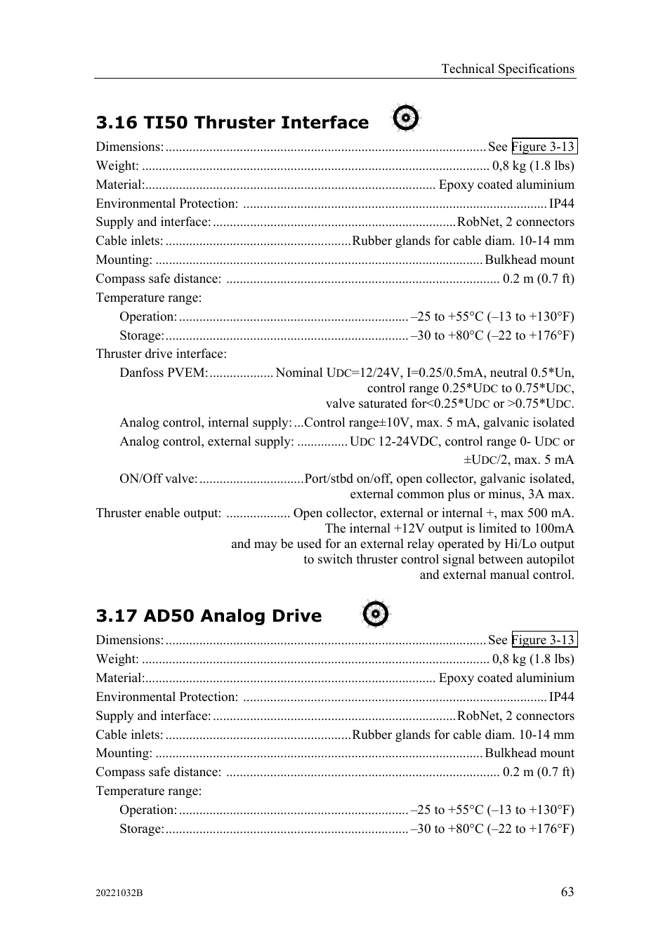 Ti50 thruster interface, Ad50 analog drive, 16 ti50 thruster interface 3.17 ad50 analog drive | 16 ti50 thruster interface, 17 ad50 analog drive | Simrad AUTOPILOT SYSTEM AP50 User Manual | Page 65 / 188