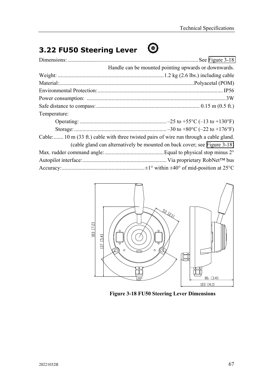 Fu50 steering lever, 22 fu50 steering lever | Simrad AUTOPILOT SYSTEM AP50 User Manual | Page 69 / 188