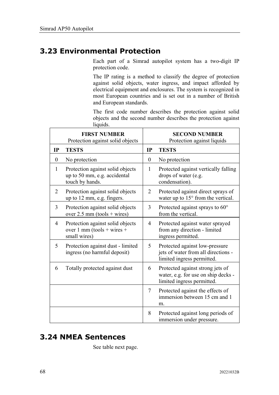 Environmental protection, Nmea sentences, 23 environmental protection 3.24 nmea sentences | 23 environmental protection, 24 nmea sentences | Simrad AUTOPILOT SYSTEM AP50 User Manual | Page 70 / 188