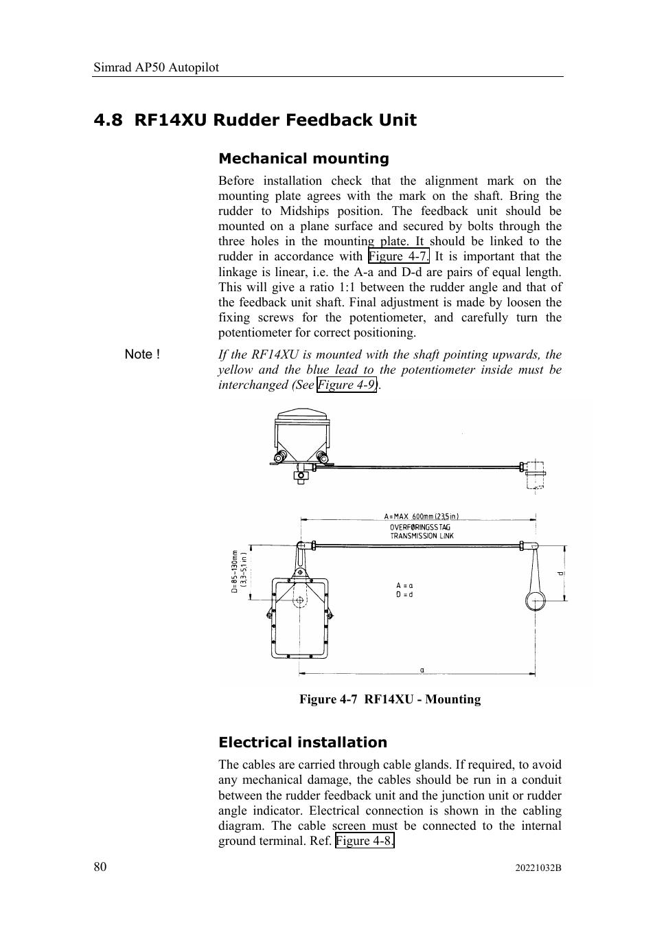 Rf14xu rudder feedback unit, Mechanical mounting, Electrical installation | 8 rf14xu rudder feedback unit, Mechanical mounting electrical installation | Simrad AUTOPILOT SYSTEM AP50 User Manual | Page 82 / 188