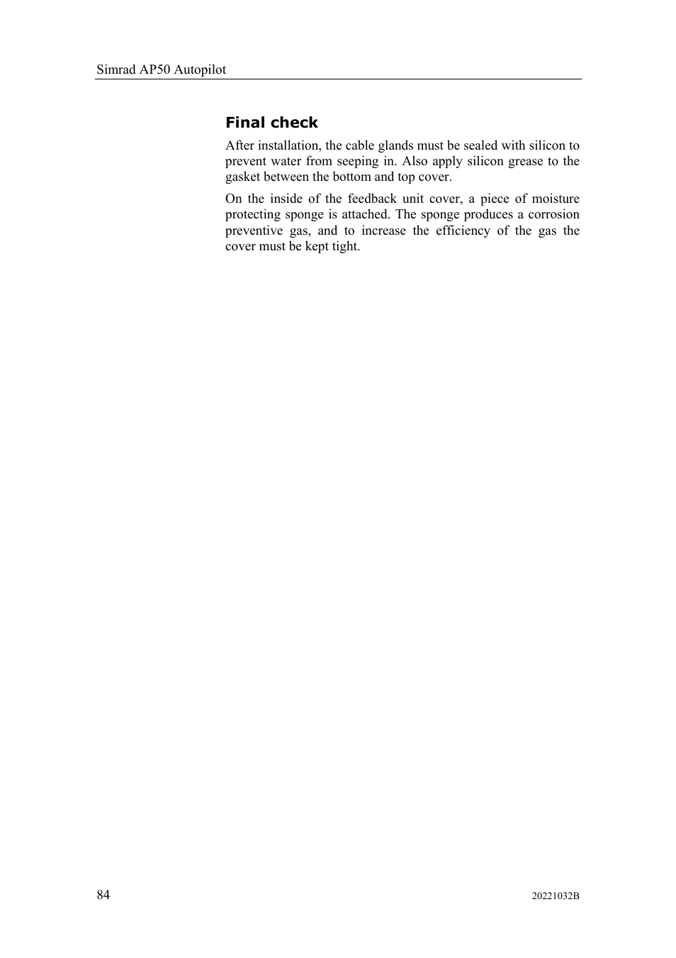 Final check | Simrad AUTOPILOT SYSTEM AP50 User Manual | Page 86 / 188
