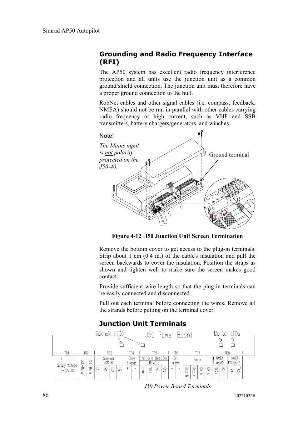 Grounding and radio frequency interface (rfi), Junction unit terminals | Simrad AUTOPILOT SYSTEM AP50 User Manual | Page 88 / 188