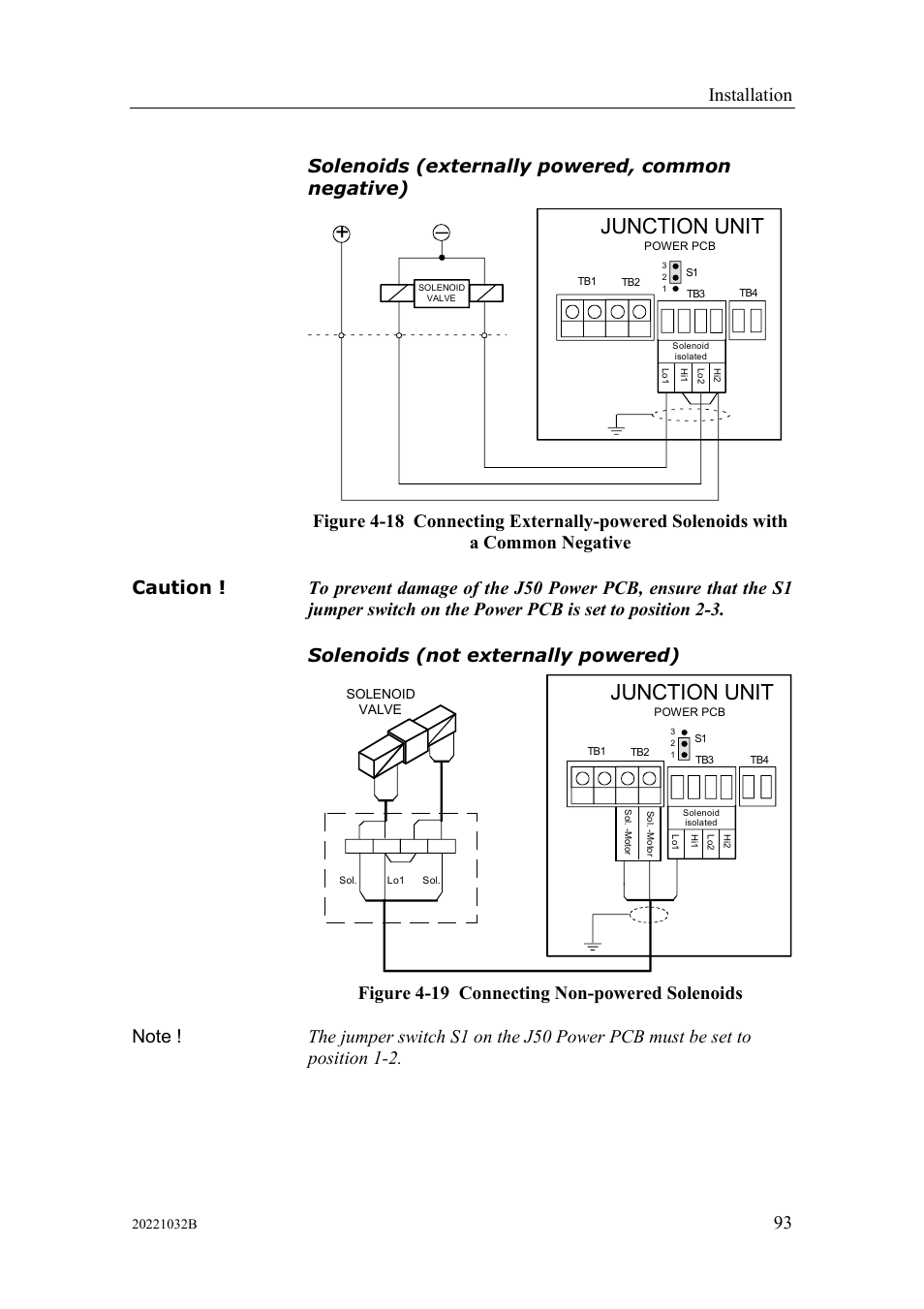 Solenoids (externally powered, common negative), Solenoids (not externally powered), Junction unit | Installation, 93 solenoids (externally powered, common negative) | Simrad AUTOPILOT SYSTEM AP50 User Manual | Page 95 / 188