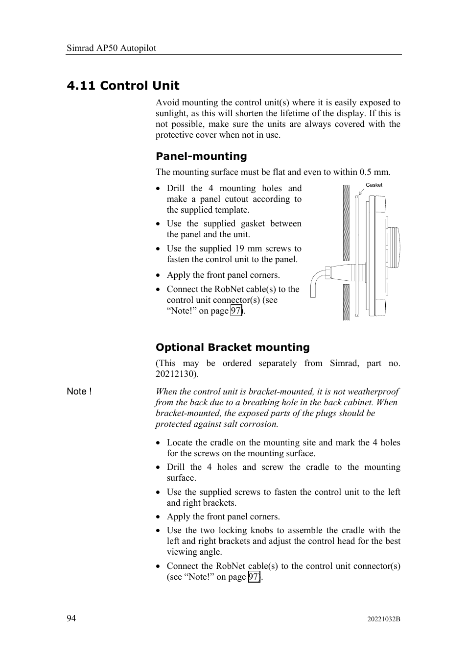 Control unit, Panel-mounting, Optional bracket mounting | 11 control unit, Panel-mounting optional bracket mounting | Simrad AUTOPILOT SYSTEM AP50 User Manual | Page 96 / 188
