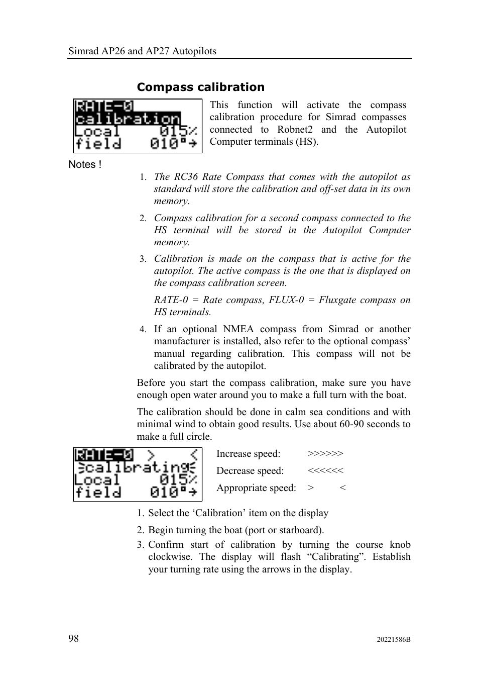 Compass calibration | Simrad Autopilot AP26 User Manual | Page 100 / 152