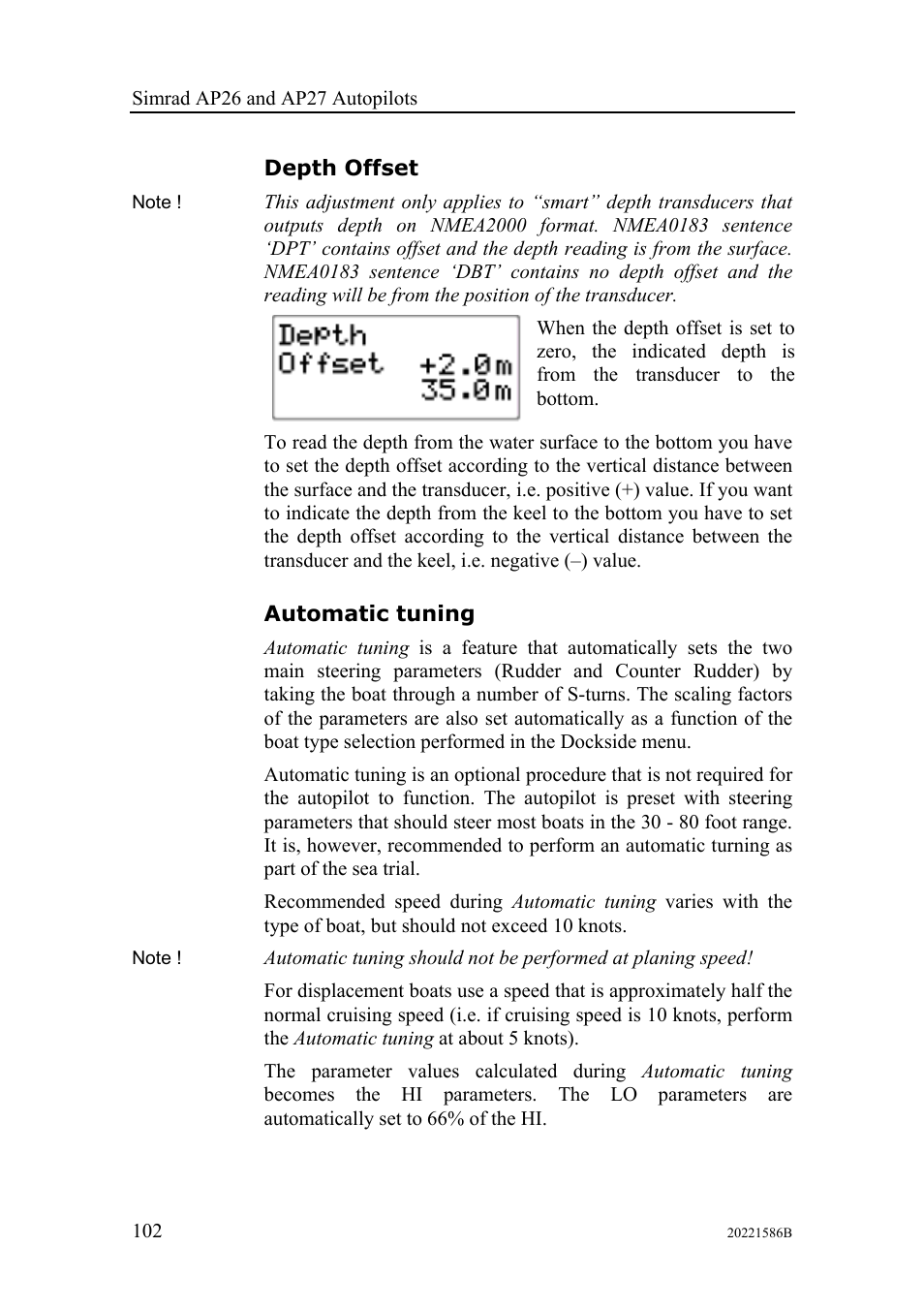 Depth offset, Automatic tuning | Simrad Autopilot AP26 User Manual | Page 104 / 152