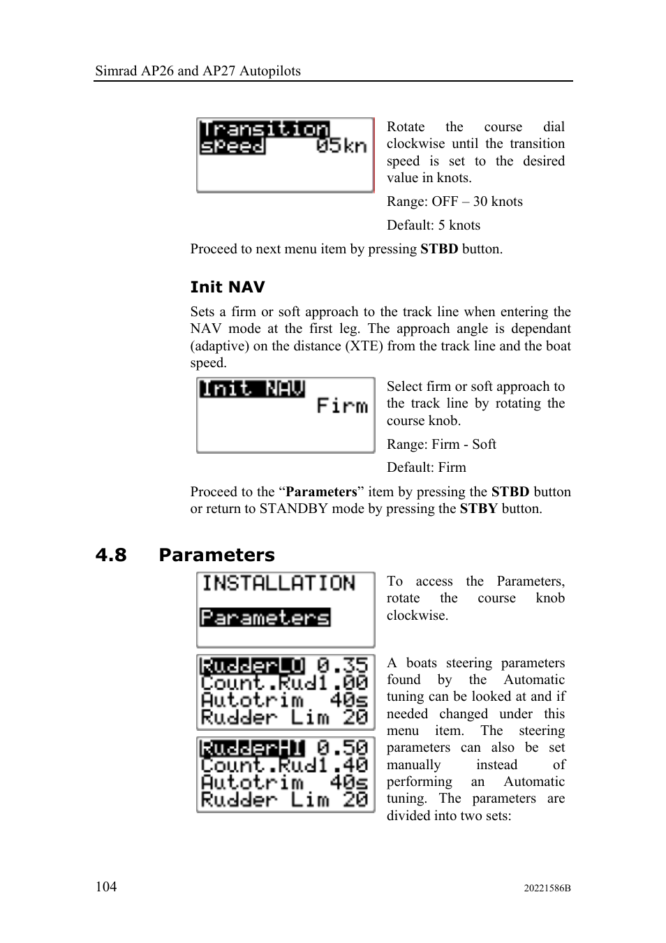 Init nav, Parameters, 8 parameters | Simrad Autopilot AP26 User Manual | Page 106 / 152