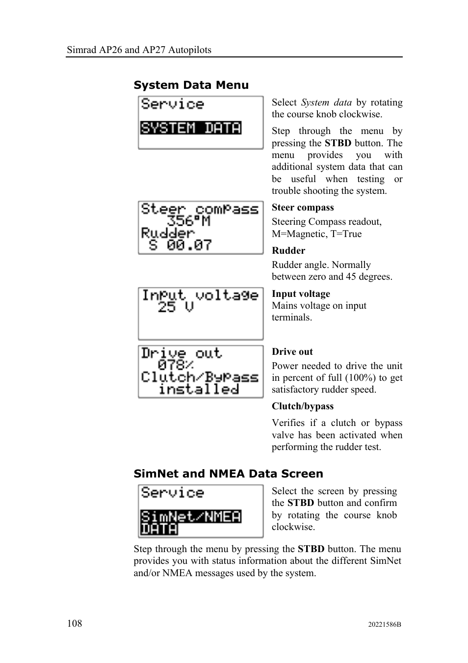 System data menu, Simnet and nmea data screen | Simrad Autopilot AP26 User Manual | Page 110 / 152