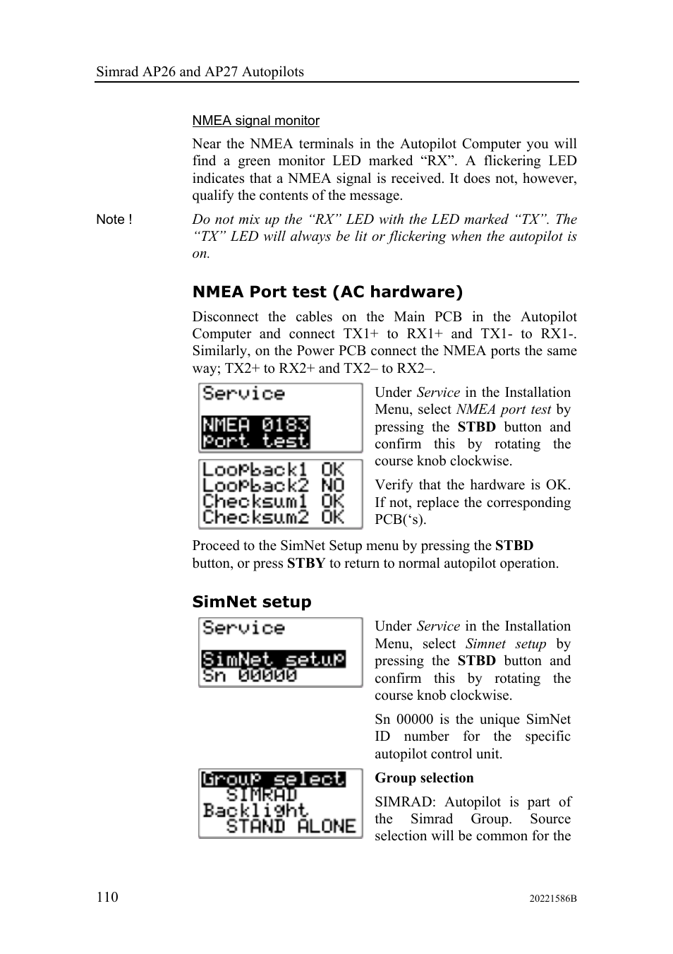 Nmea port test (ac hardware), Simnet setup | Simrad Autopilot AP26 User Manual | Page 112 / 152