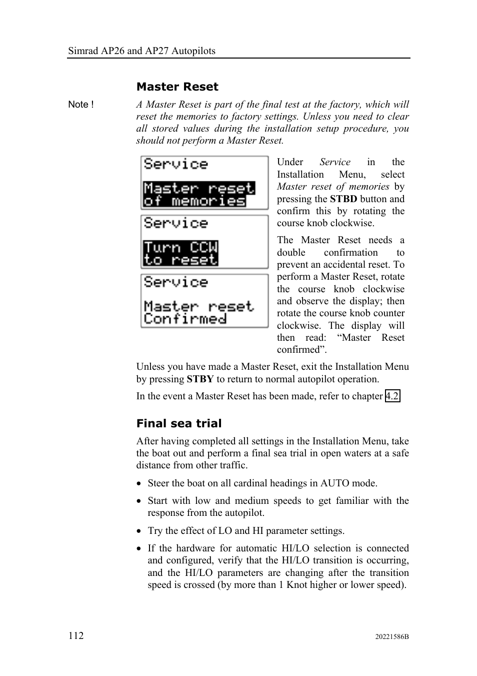 Master reset, Final sea trial | Simrad Autopilot AP26 User Manual | Page 114 / 152