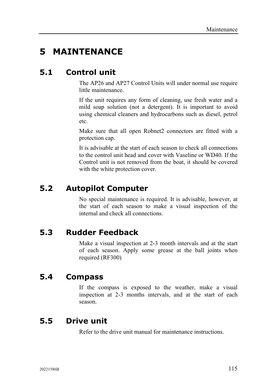 Maintenance, Control unit, Autopilot computer | Rudder feedback, Compass, Drive unit, 5 maintenance | Simrad Autopilot AP26 User Manual | Page 117 / 152