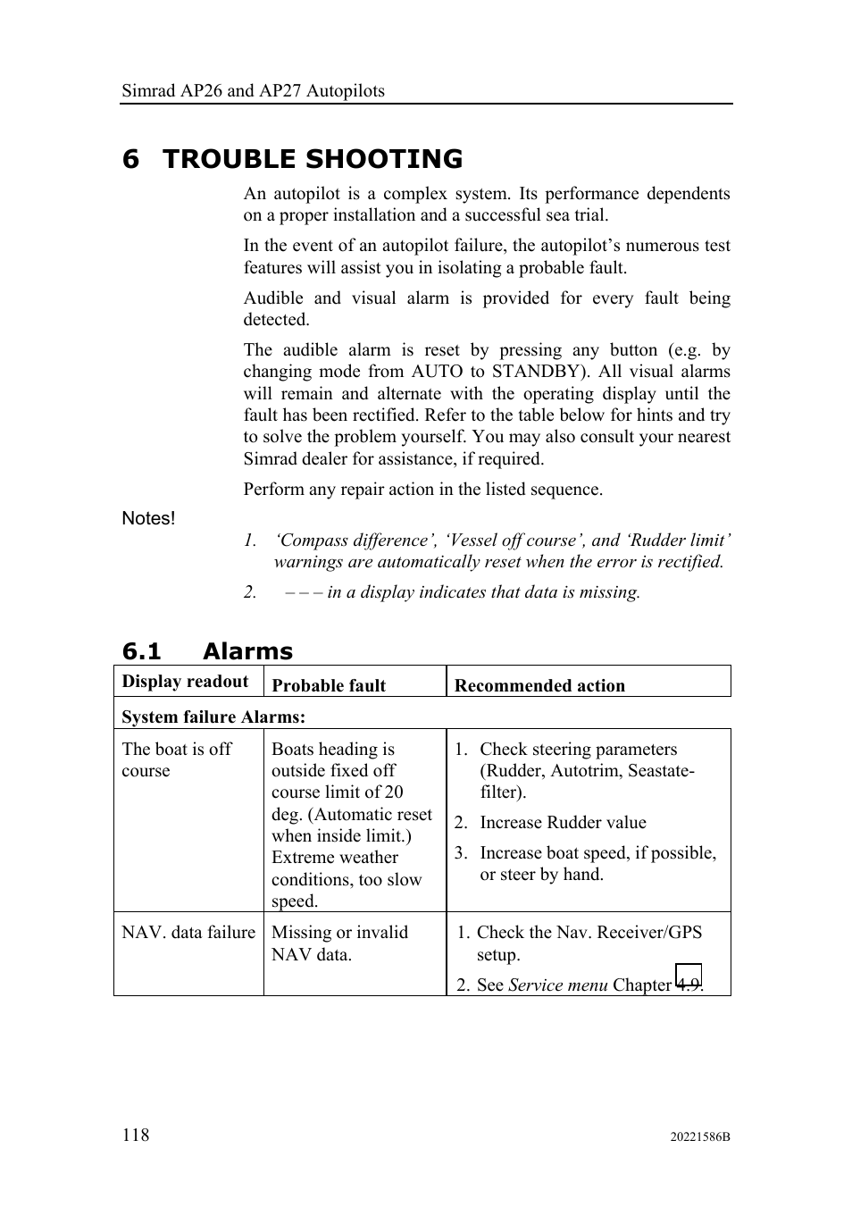 Trouble shooting, Alarms, 6 trouble shooting | 1 alarms | Simrad Autopilot AP26 User Manual | Page 120 / 152