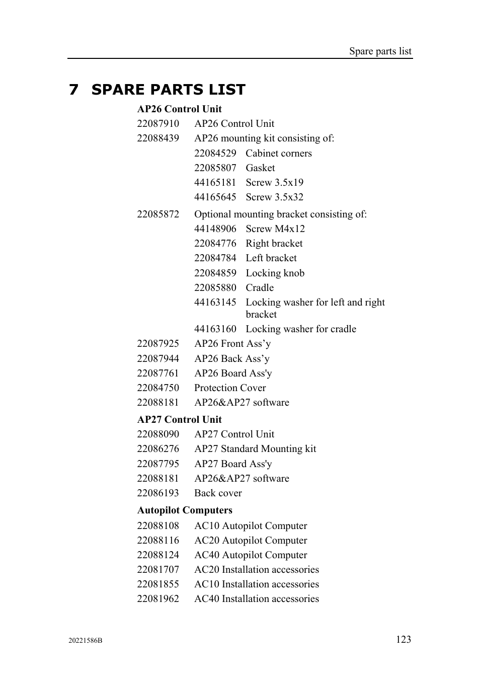 Spare parts list, 7 spare parts list | Simrad Autopilot AP26 User Manual | Page 125 / 152