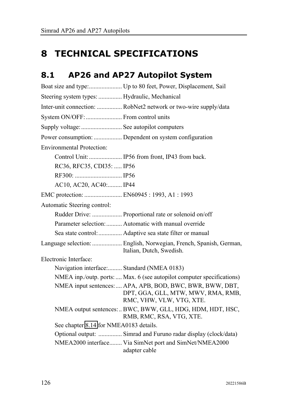 Technical specifications, Ap26 and ap27 autopilot system, 8 technical specifications | Simrad Autopilot AP26 User Manual | Page 128 / 152