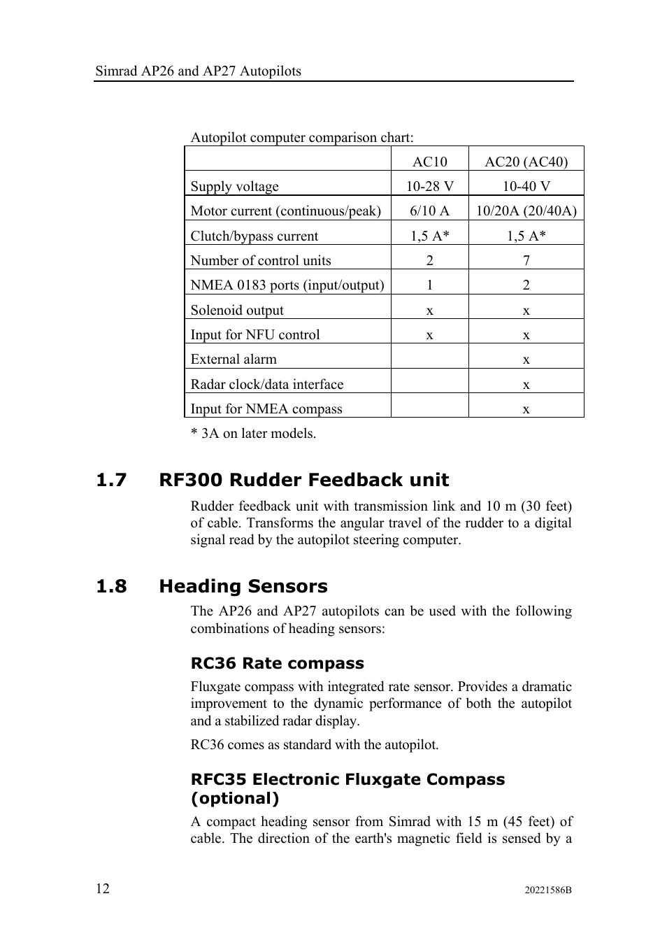 Rf300 rudder feedback unit, Heading sensors, Rc36 rate compass | Rfc35 electronic fluxgate compass (optional), 7 rf300 rudder feedback unit, 8 heading sensors | Simrad Autopilot AP26 User Manual | Page 14 / 152