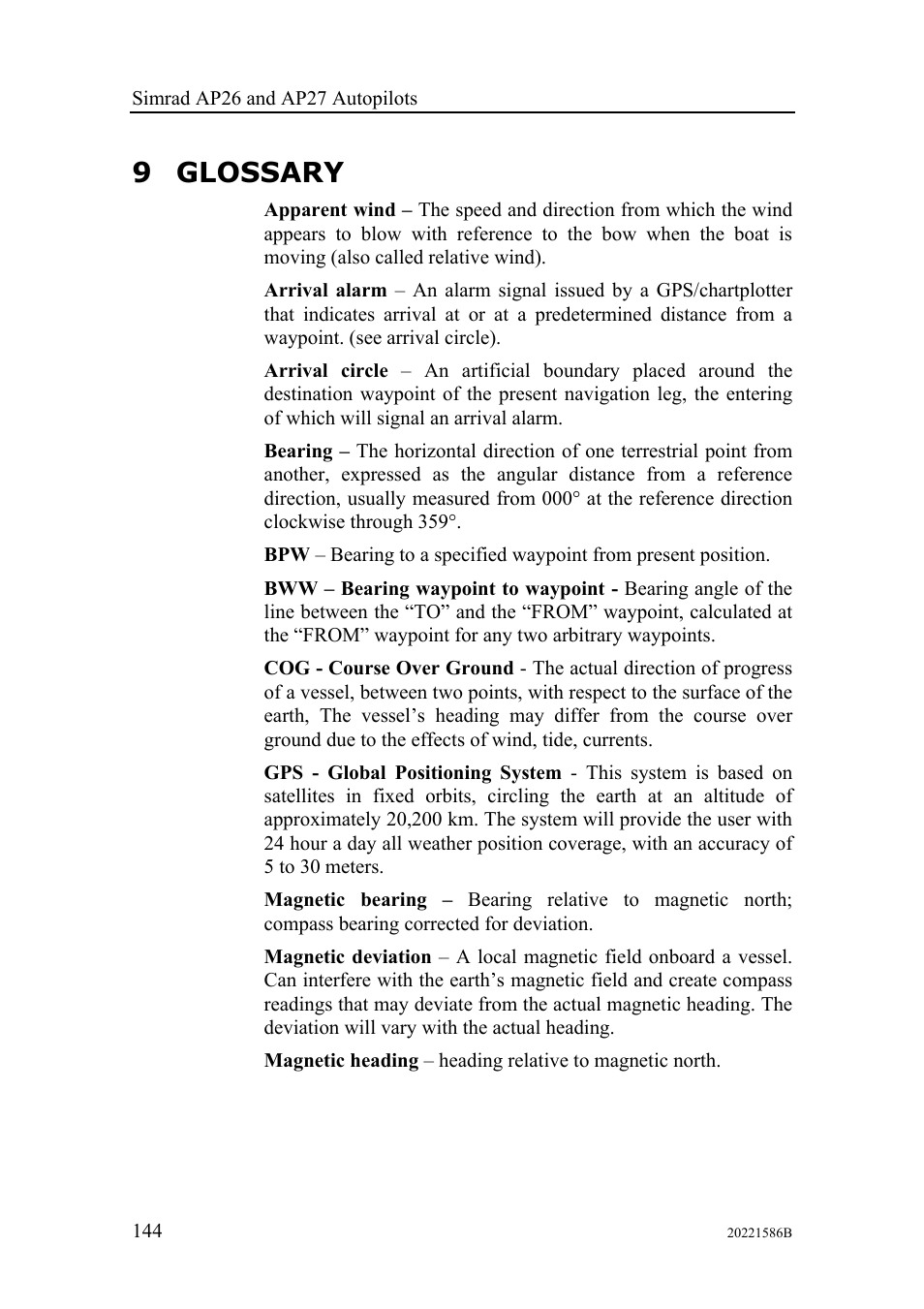 Glossary, 9 glossary | Simrad Autopilot AP26 User Manual | Page 146 / 152