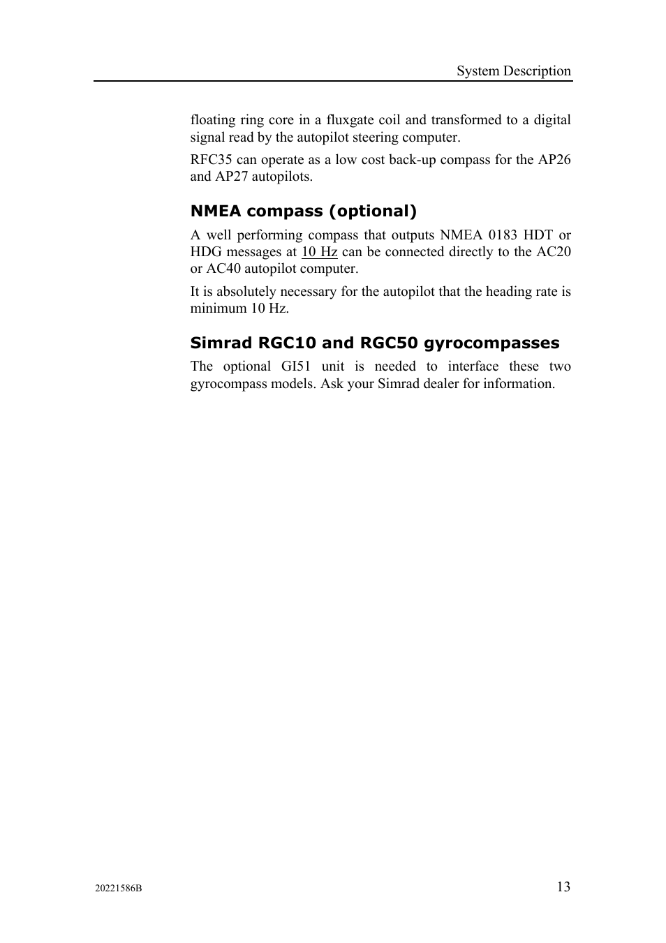Nmea compass (optional), Simrad rgc10 and rgc50 gyrocompasses | Simrad Autopilot AP26 User Manual | Page 15 / 152