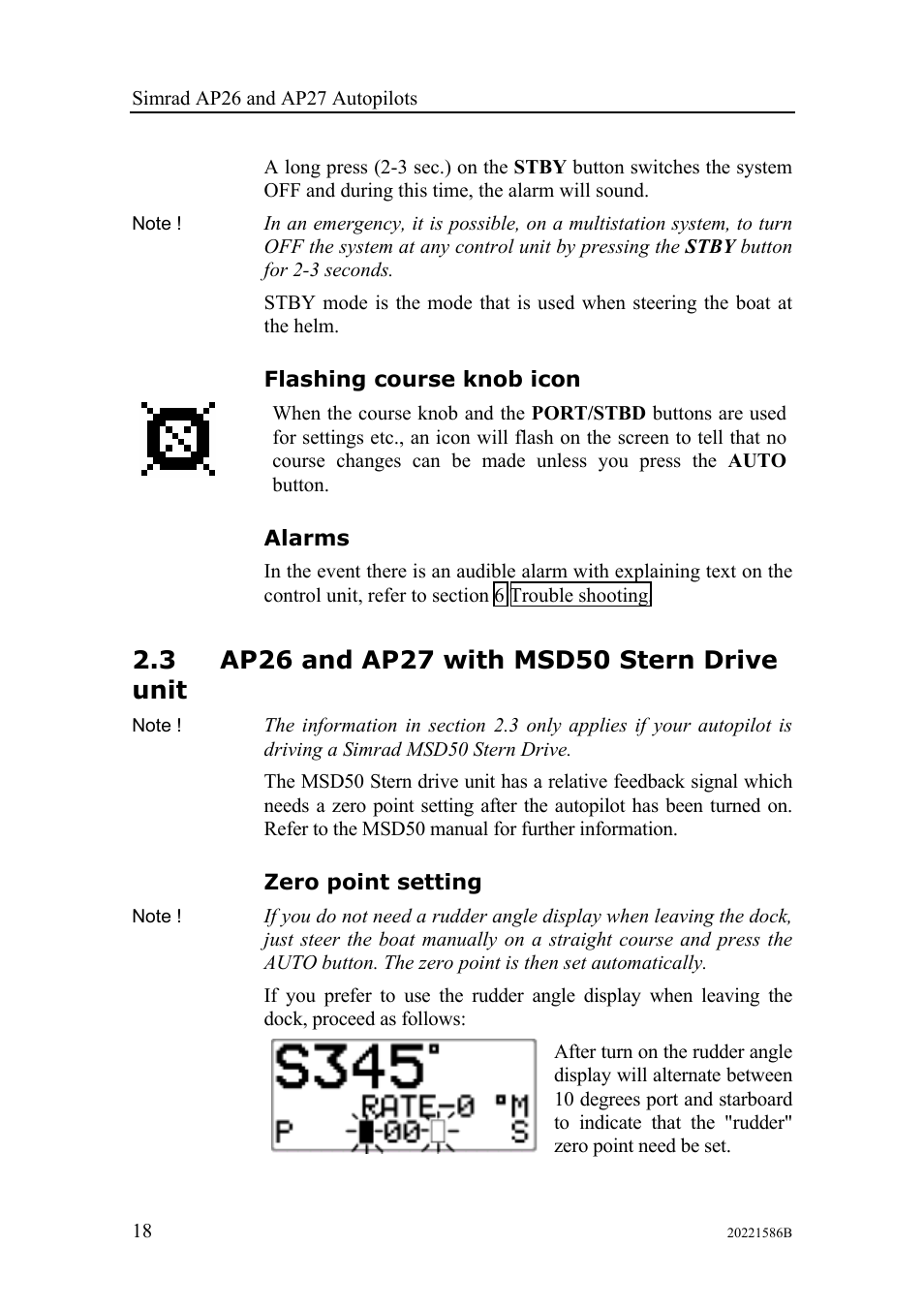 Flashing course knob icon, Alarms, Ap26 and ap27 with msd50 stern drive unit | Zero point setting | Simrad Autopilot AP26 User Manual | Page 20 / 152