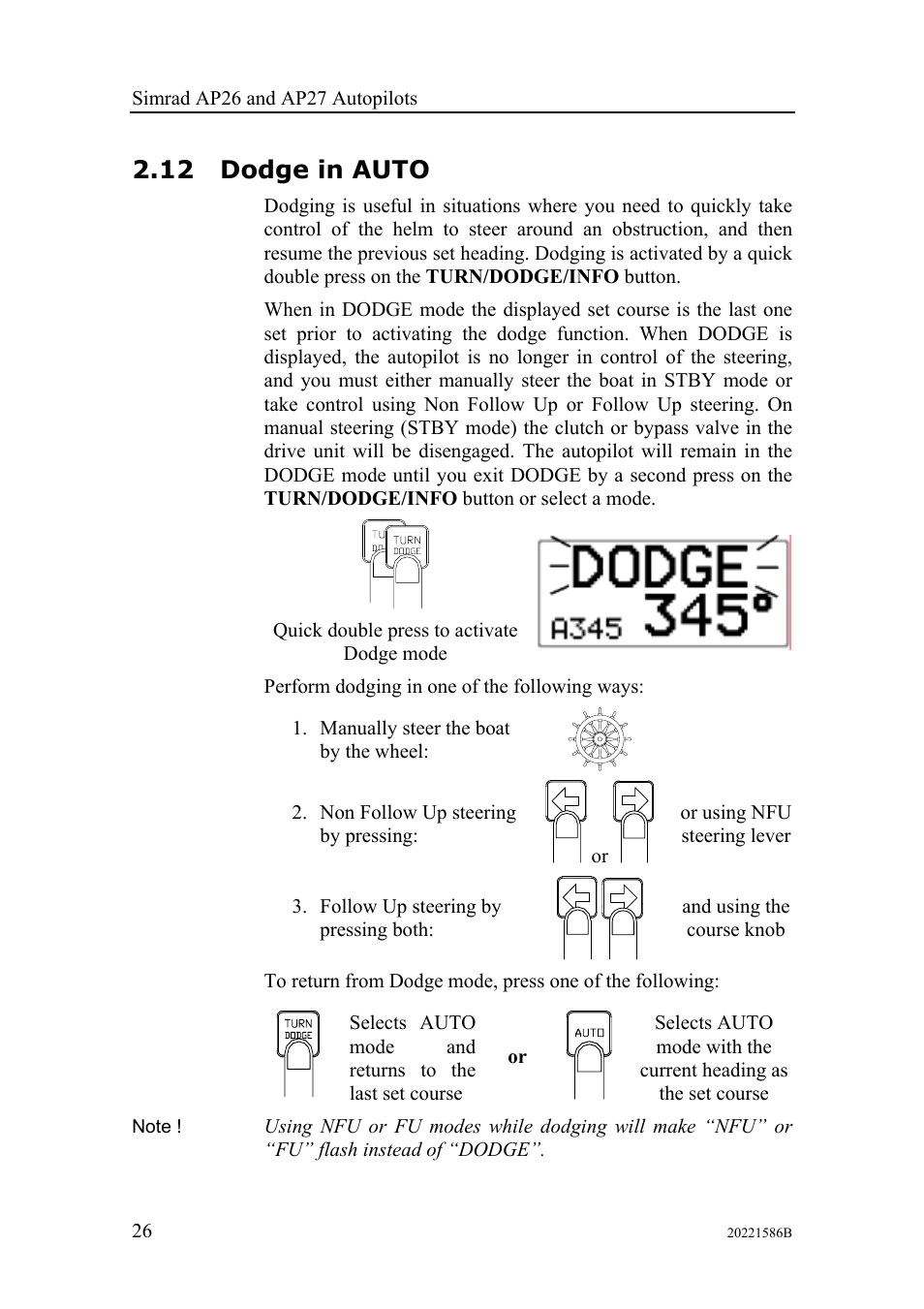 Dodge in auto, 12 dodge in auto | Simrad Autopilot AP26 User Manual | Page 28 / 152