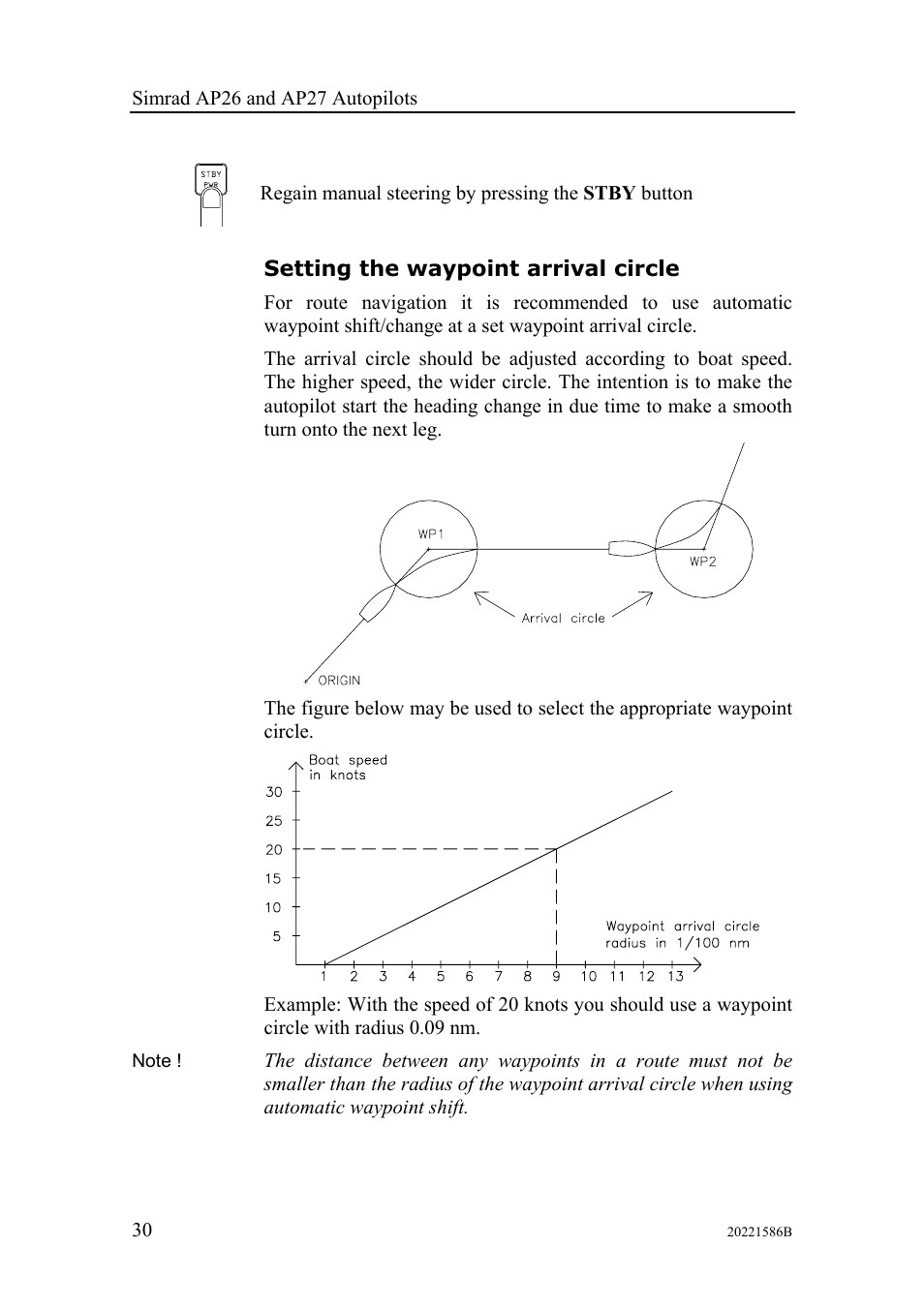 Setting the waypoint arrival circle | Simrad Autopilot AP26 User Manual | Page 32 / 152