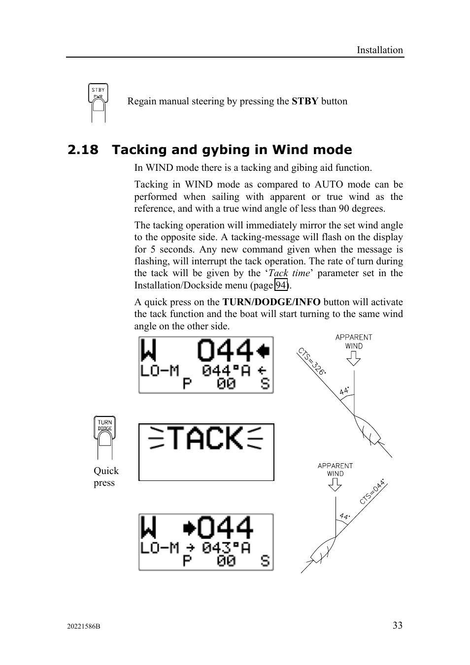 Tacking and gybing in wind mode, 18 tacking and gybing in wind mode | Simrad Autopilot AP26 User Manual | Page 35 / 152