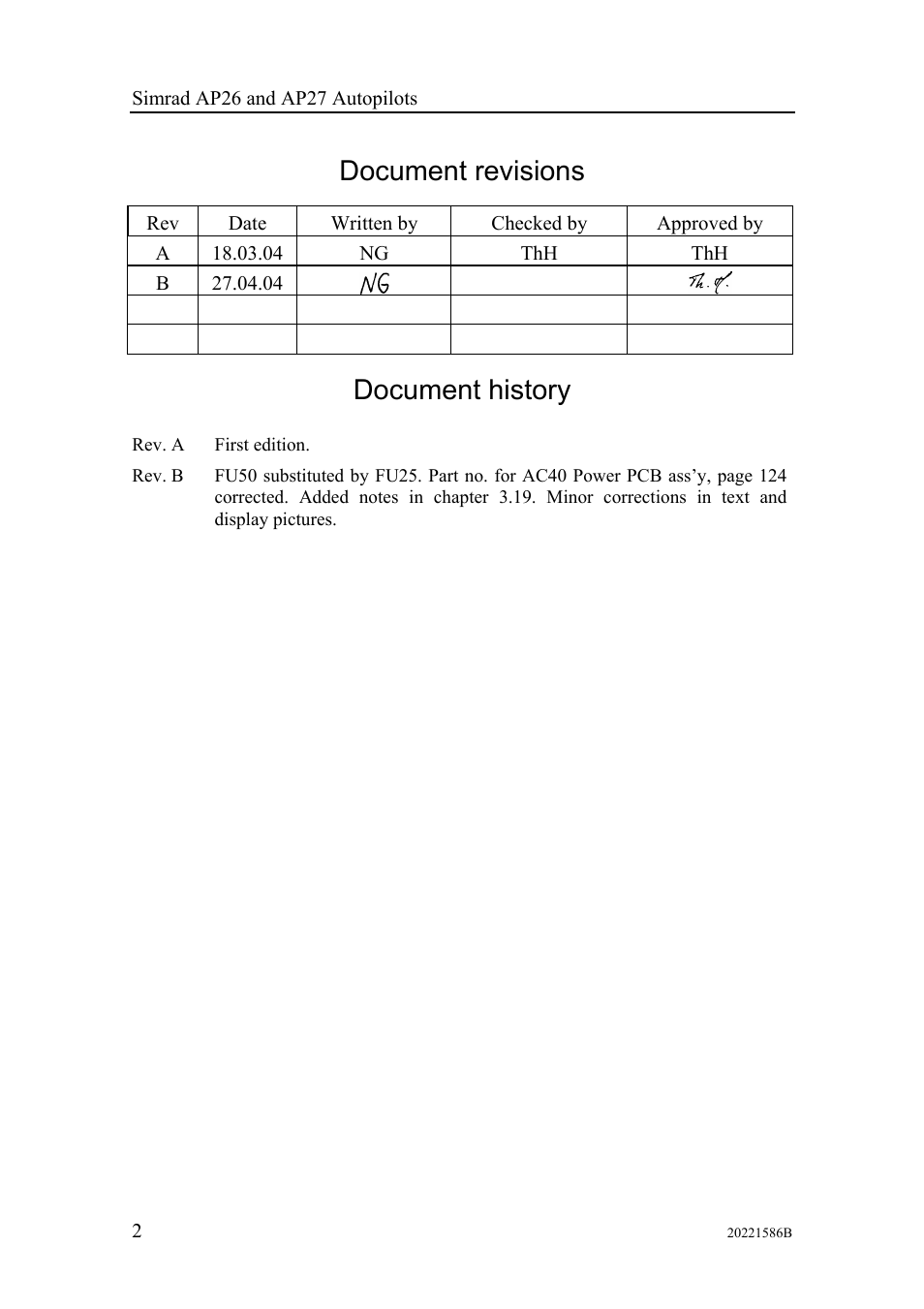Front matter, Document revisions, Document history | Simrad Autopilot AP26 User Manual | Page 4 / 152