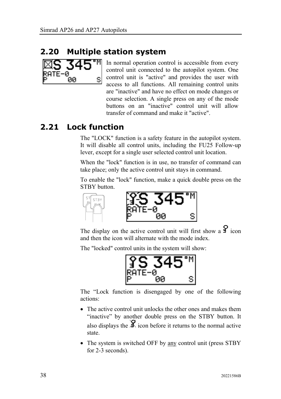 Multiple station system, Lock function, 20 multiple station system | 21 lock function | Simrad Autopilot AP26 User Manual | Page 40 / 152