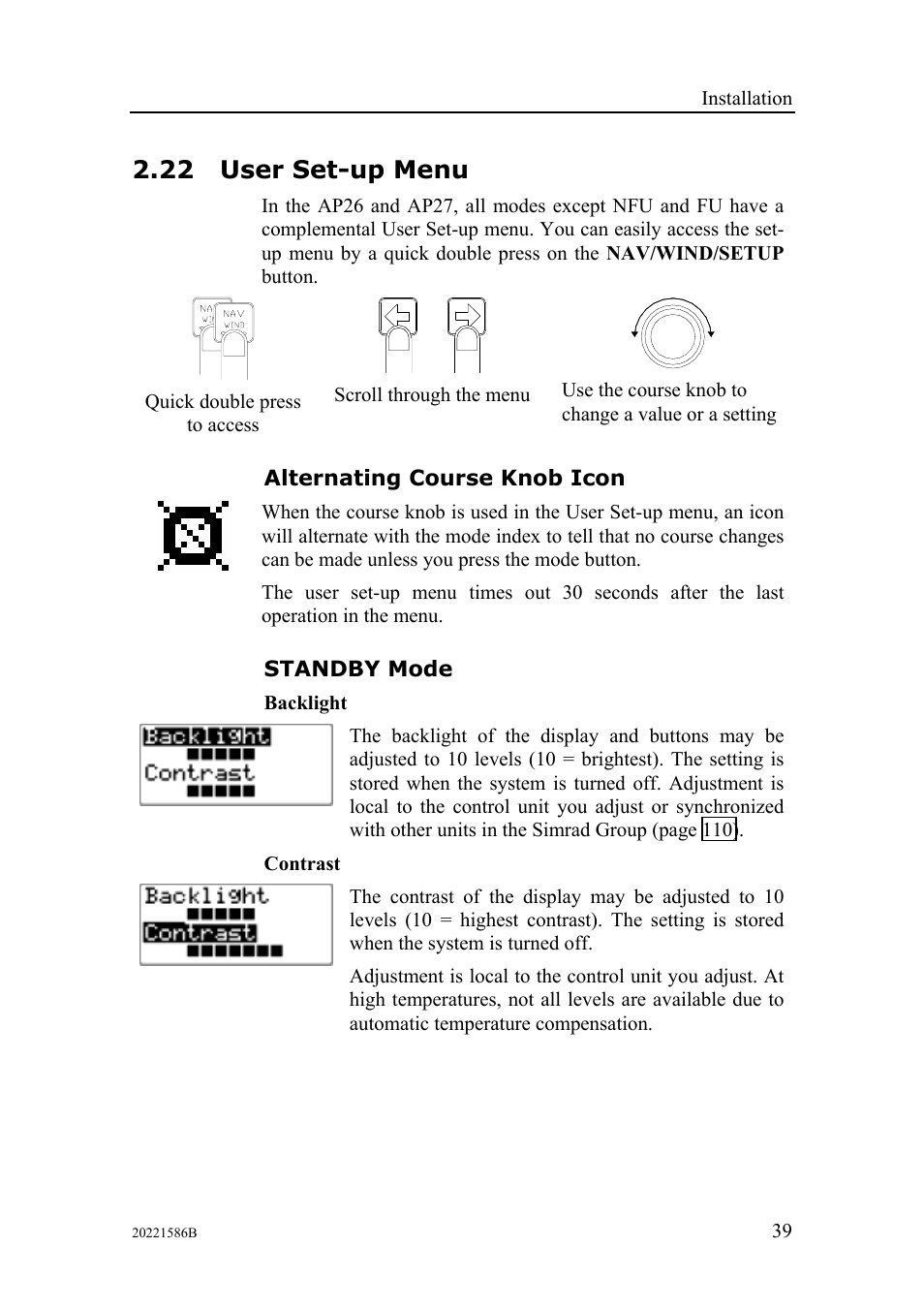 User set-up menu, Alternating course knob icon, Standby mode | 22 user set-up menu | Simrad Autopilot AP26 User Manual | Page 41 / 152