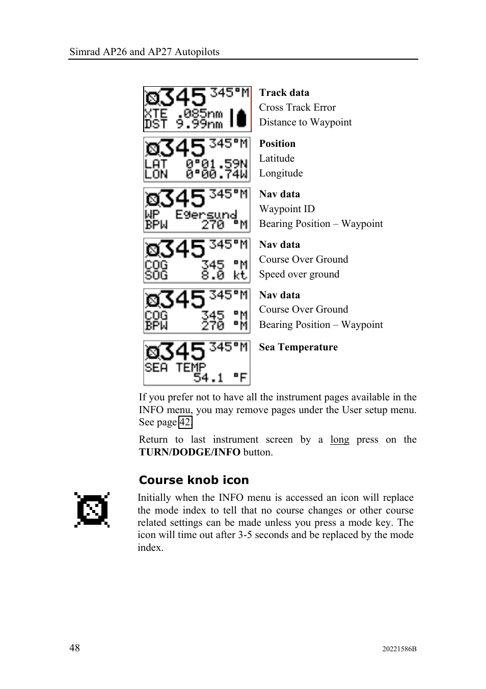 Course knob icon | Simrad Autopilot AP26 User Manual | Page 50 / 152