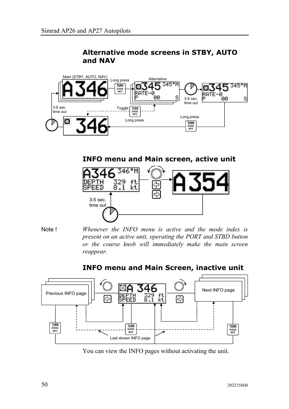 Alternative mode screens in stby, auto and nav, Info menu and main screen, active unit, Info menu and main screen, inactive unit | 5 sec. time out, Next info page, Previous info page, Long press, Last shown info page | Simrad Autopilot AP26 User Manual | Page 52 / 152
