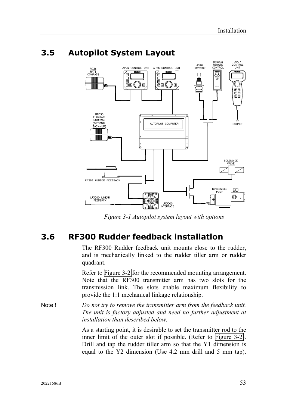 Autopilot system layout, Rf300 rudder feedback installation, Figure 3-1) | Layout with options is shown in figure 3-1, 5 autopilot system layout, 6 rf300 rudder feedback installation, Installation, Figure 3-1 autopilot system layout with options | Simrad Autopilot AP26 User Manual | Page 55 / 152