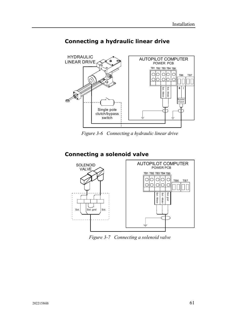 Connecting a hydraulic linear drive, Connecting a solenoid valve, Installation | Figure 3-6 connecting a hydraulic linear drive, Figure 3-7 connecting a solenoid valve, Autopilot computer, Hydraulic linear drive | Simrad Autopilot AP26 User Manual | Page 63 / 152