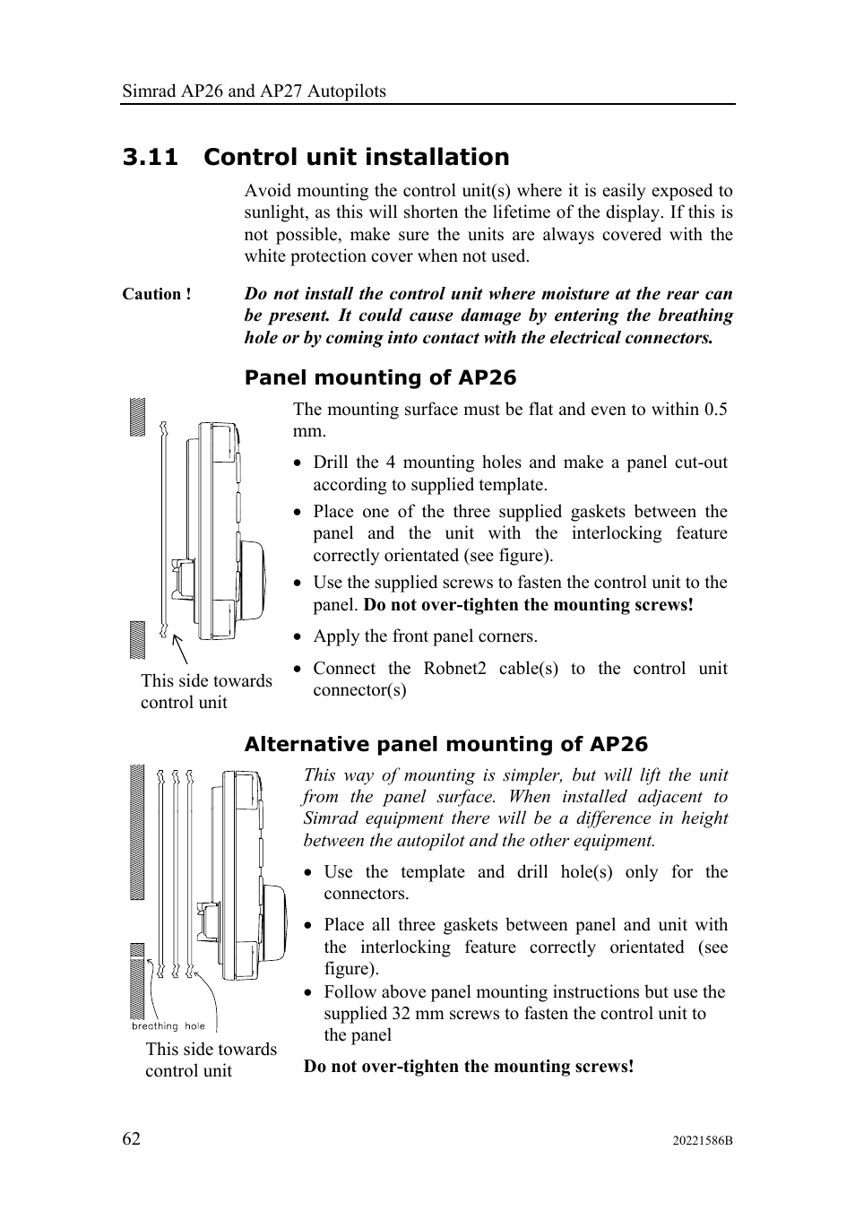 Control unit installation, Panel mounting of ap26, Alternative panel mounting of ap26 | 11 control unit installation | Simrad Autopilot AP26 User Manual | Page 64 / 152