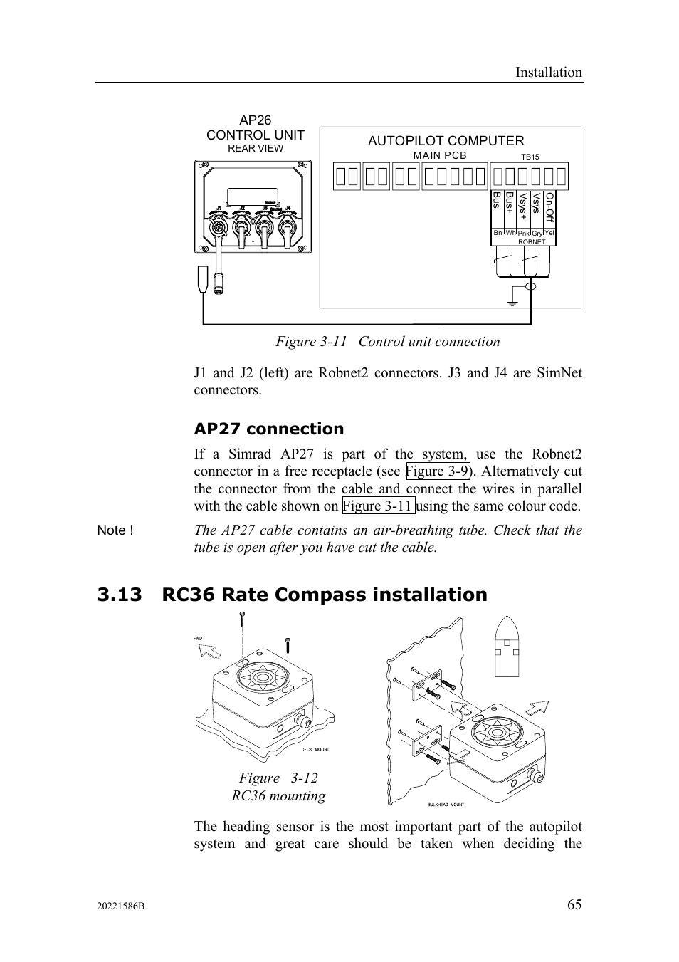 Ap27 connection, Rc36 rate compass installation, 13 rc36 rate compass installation | Installation | Simrad Autopilot AP26 User Manual | Page 67 / 152