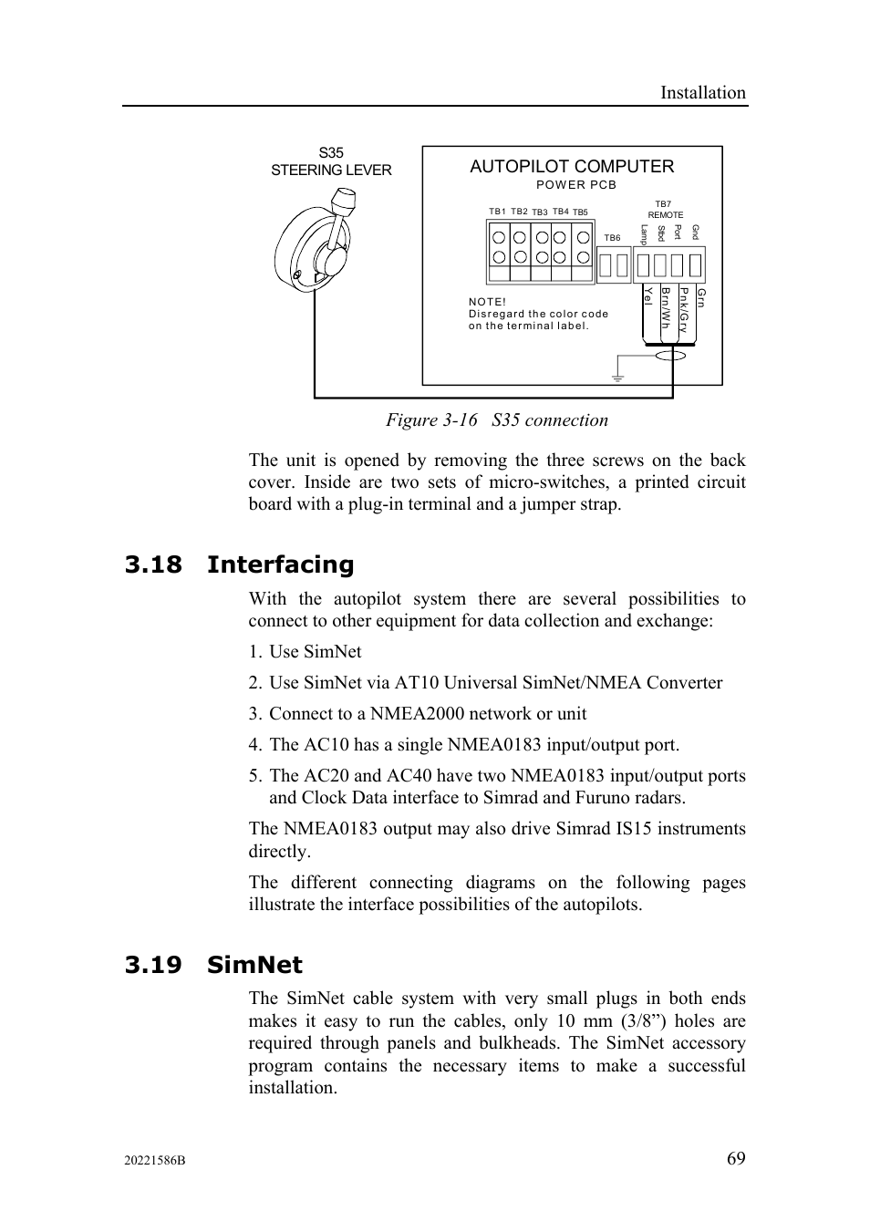 Interfacing, Simnet, 18 interfacing | 19 simnet, Installation, Autopilot computer | Simrad Autopilot AP26 User Manual | Page 71 / 152