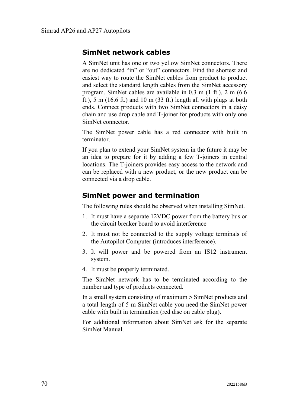 Simnet network cables, Simnet power and termination | Simrad Autopilot AP26 User Manual | Page 72 / 152