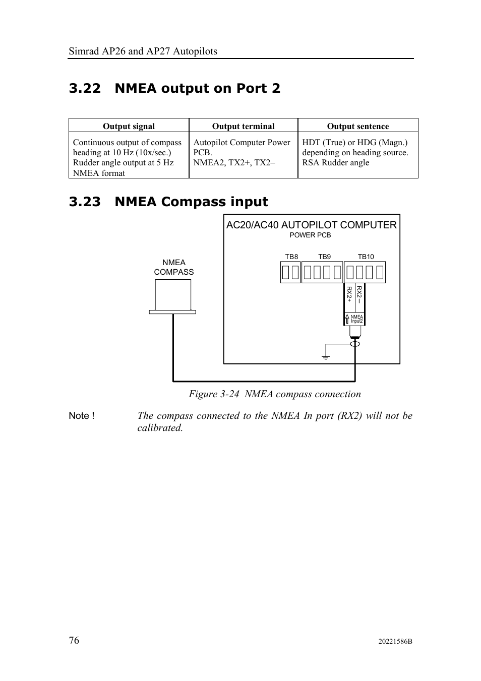 Nmea output on port 2, Nmea compass input, 22 nmea output on port 2 | 23 nmea compass input, Ac20/ac40 autopilot computer, Figure 3-24 nmea compass connection | Simrad Autopilot AP26 User Manual | Page 78 / 152