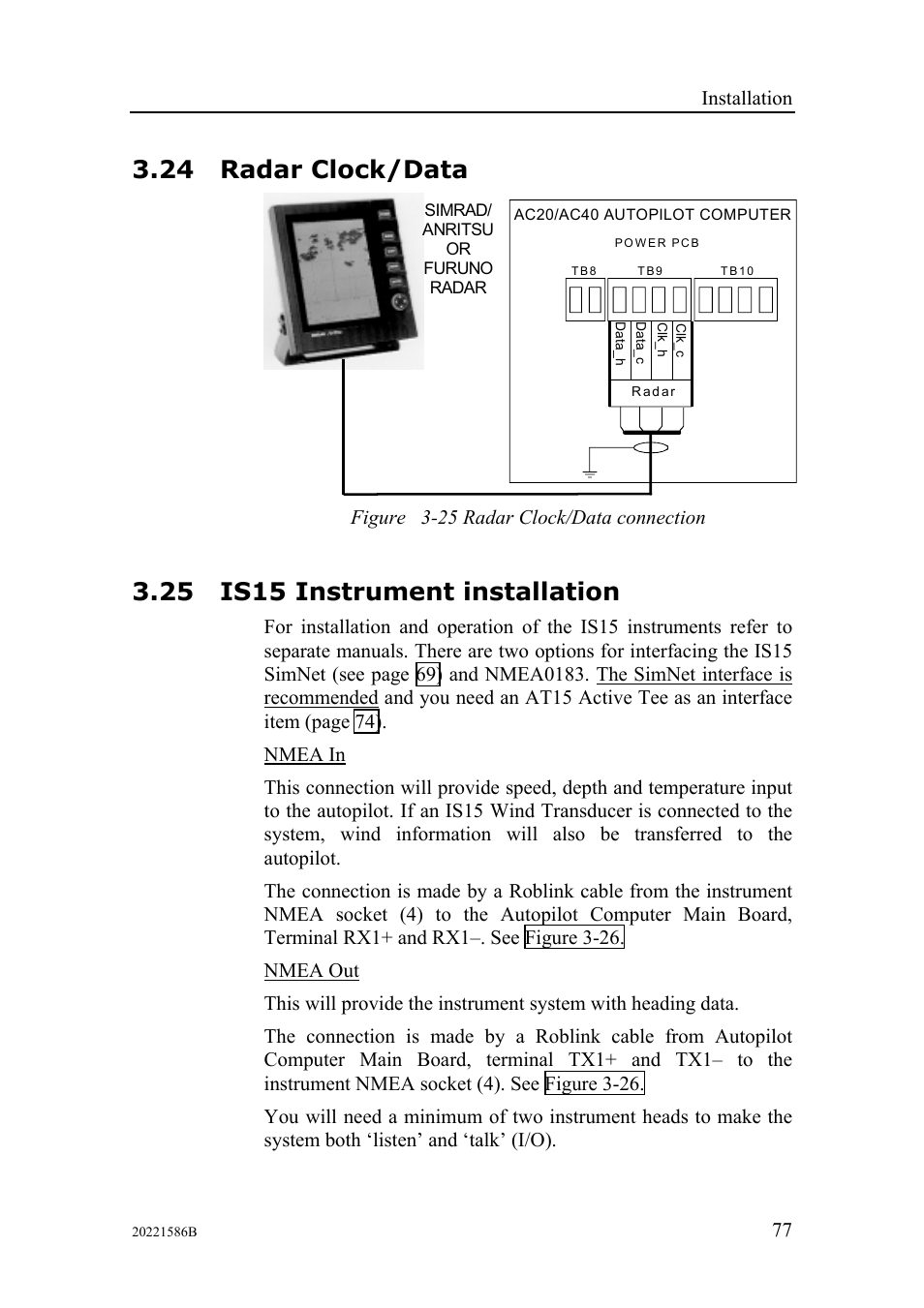 Radar clock/data, Is15 instrument installation, 24 radar clock/data | 25 is15 instrument installation, Installation, Figure 3-25 radar clock/data connection | Simrad Autopilot AP26 User Manual | Page 79 / 152