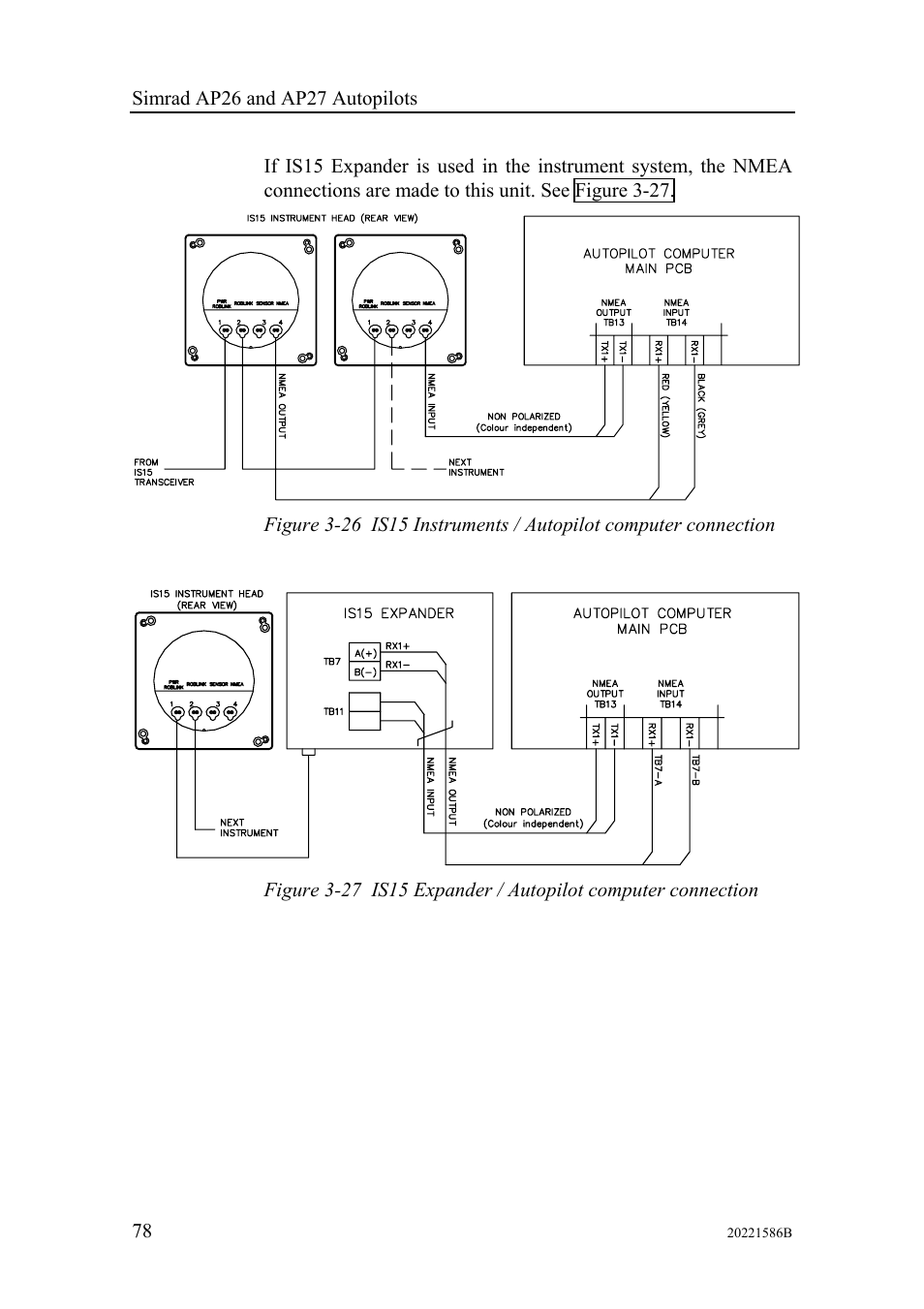 Inal rx1+ and rx1–. see figure 3-26, Instrument nmea socket (4). see figure 3-26 | Simrad Autopilot AP26 User Manual | Page 80 / 152