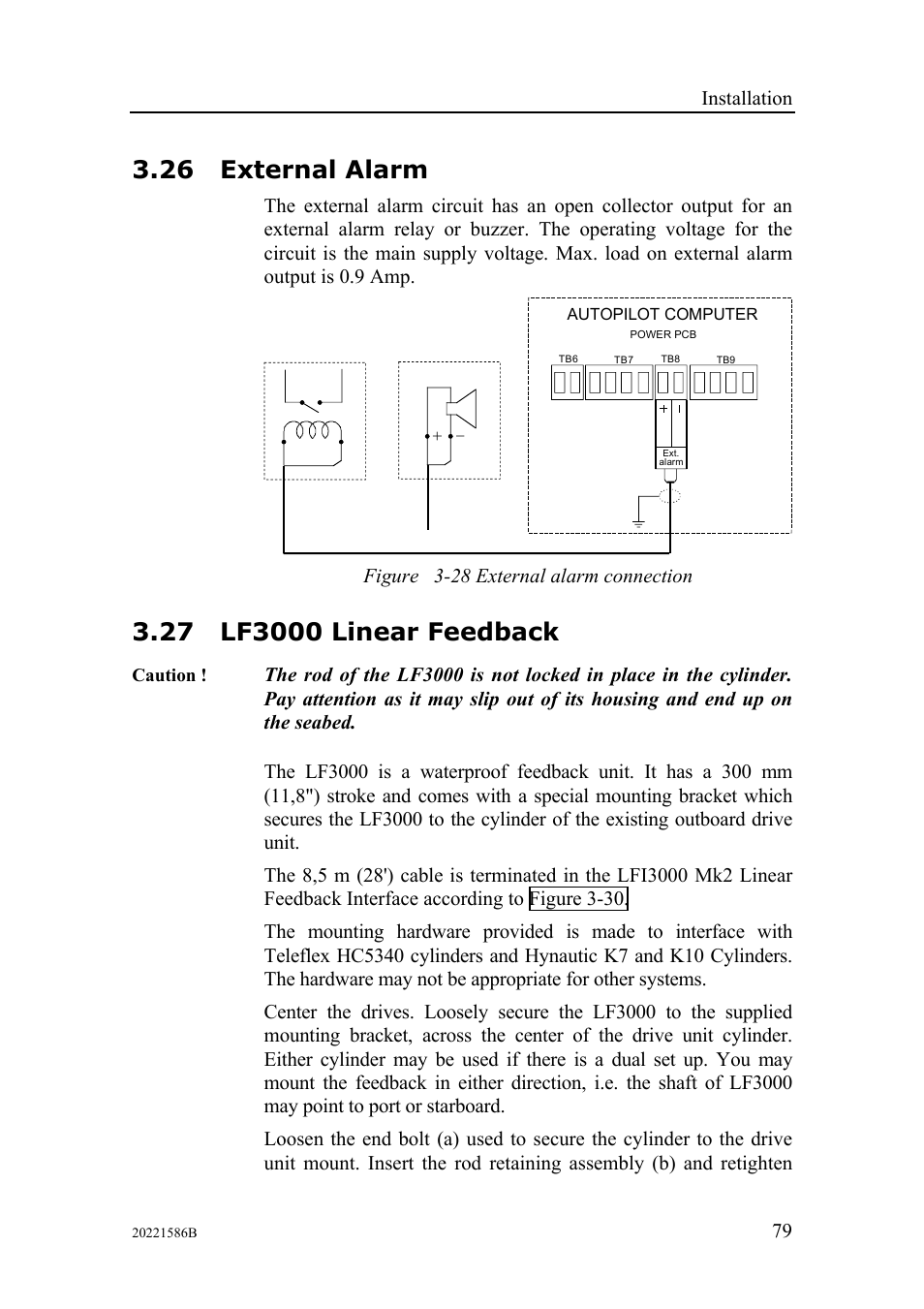 External alarm, Lf3000 linear feedback, 26 external alarm | Installation, Figure 3-28 external alarm connection | Simrad Autopilot AP26 User Manual | Page 81 / 152