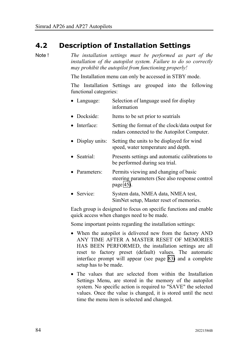 Description of installation settings, 2 description of installation settings | Simrad Autopilot AP26 User Manual | Page 86 / 152