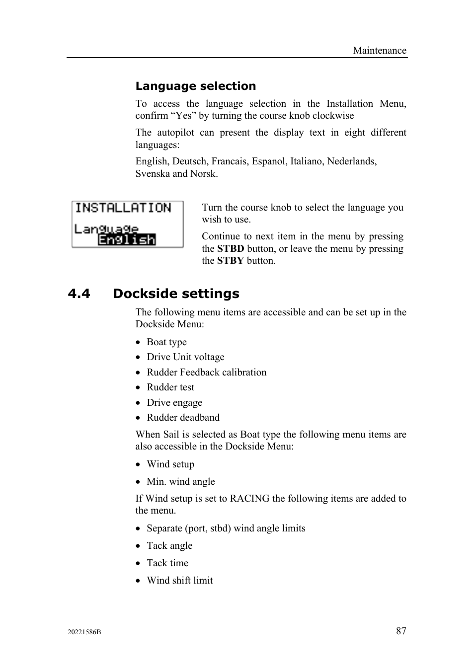 Language selection, Dockside settings, 4 dockside settings | Simrad Autopilot AP26 User Manual | Page 89 / 152