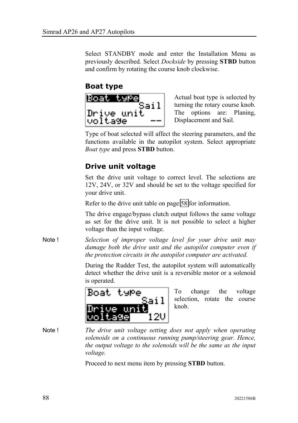 Boat type, Drive unit voltage | Simrad Autopilot AP26 User Manual | Page 90 / 152