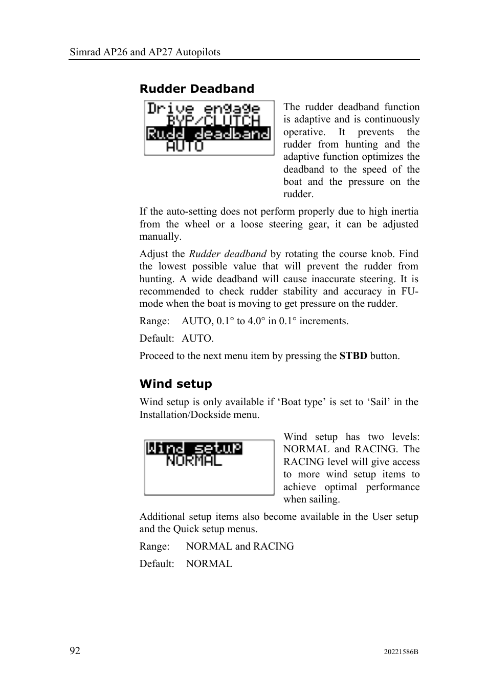 Rudder deadband, Wind setup | Simrad Autopilot AP26 User Manual | Page 94 / 152