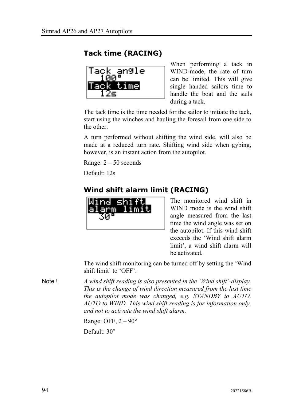 Tack time (racing), Wind shift alarm limit (racing) | Simrad Autopilot AP26 User Manual | Page 96 / 152