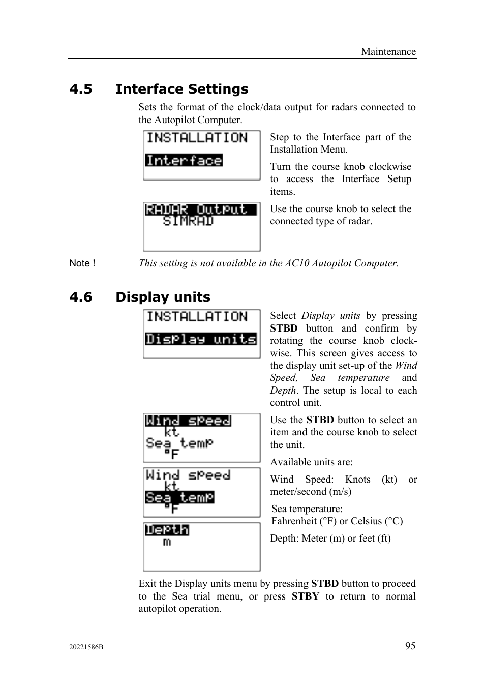 Interface settings, Display units, 5 interface settings | 6 display units | Simrad Autopilot AP26 User Manual | Page 97 / 152