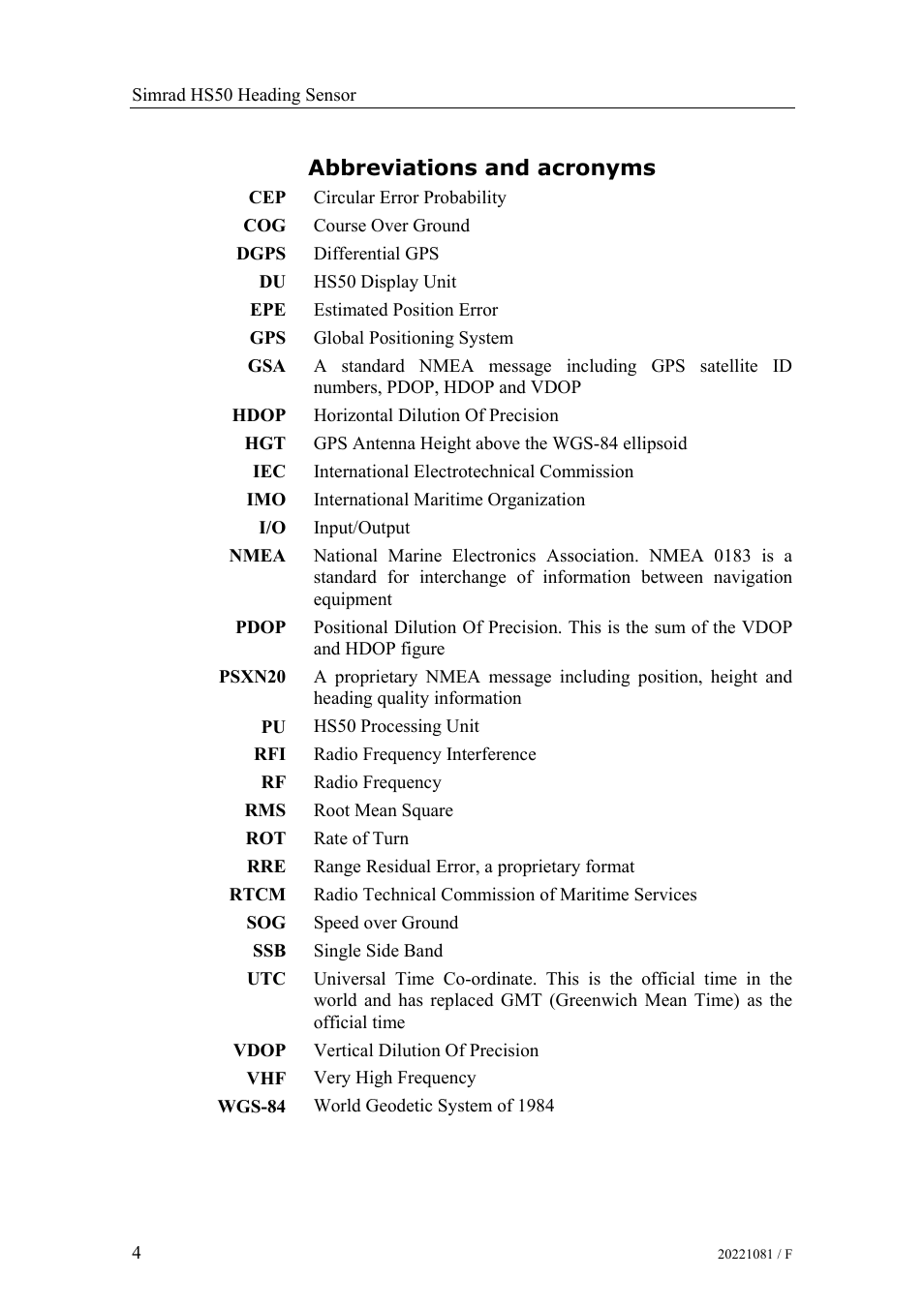 Abbreviations and acronyms | Simrad HS50 User Manual | Page 12 / 63