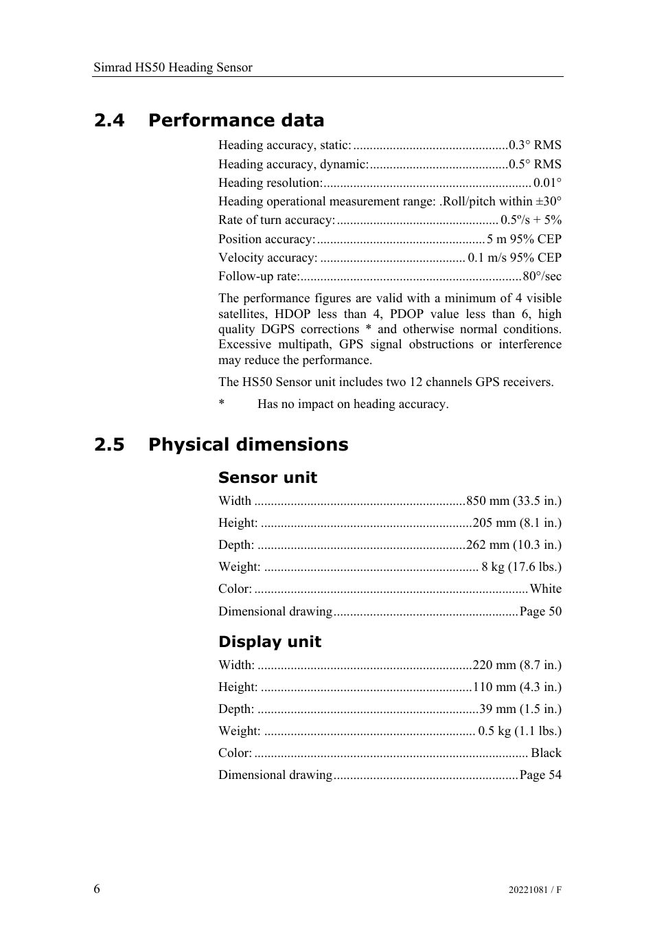 Performance data, Physical dimensions, Sensor unit | Display unit, 4 performance data, 5 physical dimensions | Simrad HS50 User Manual | Page 14 / 63