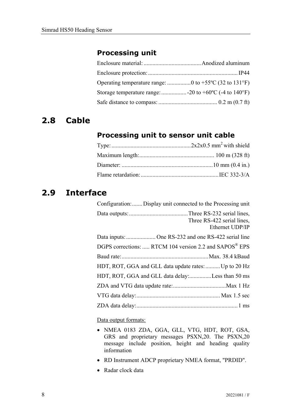 Processing unit, Cable, Processing unit to sensor unit cable | Interface, 8 cable, 9 interface | Simrad HS50 User Manual | Page 16 / 63
