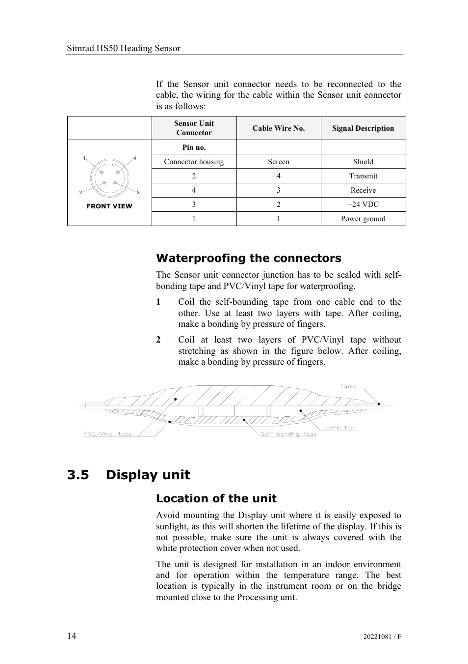 Waterproofing the connectors, Display unit, Location of the unit | 5 display unit | Simrad HS50 User Manual | Page 22 / 63